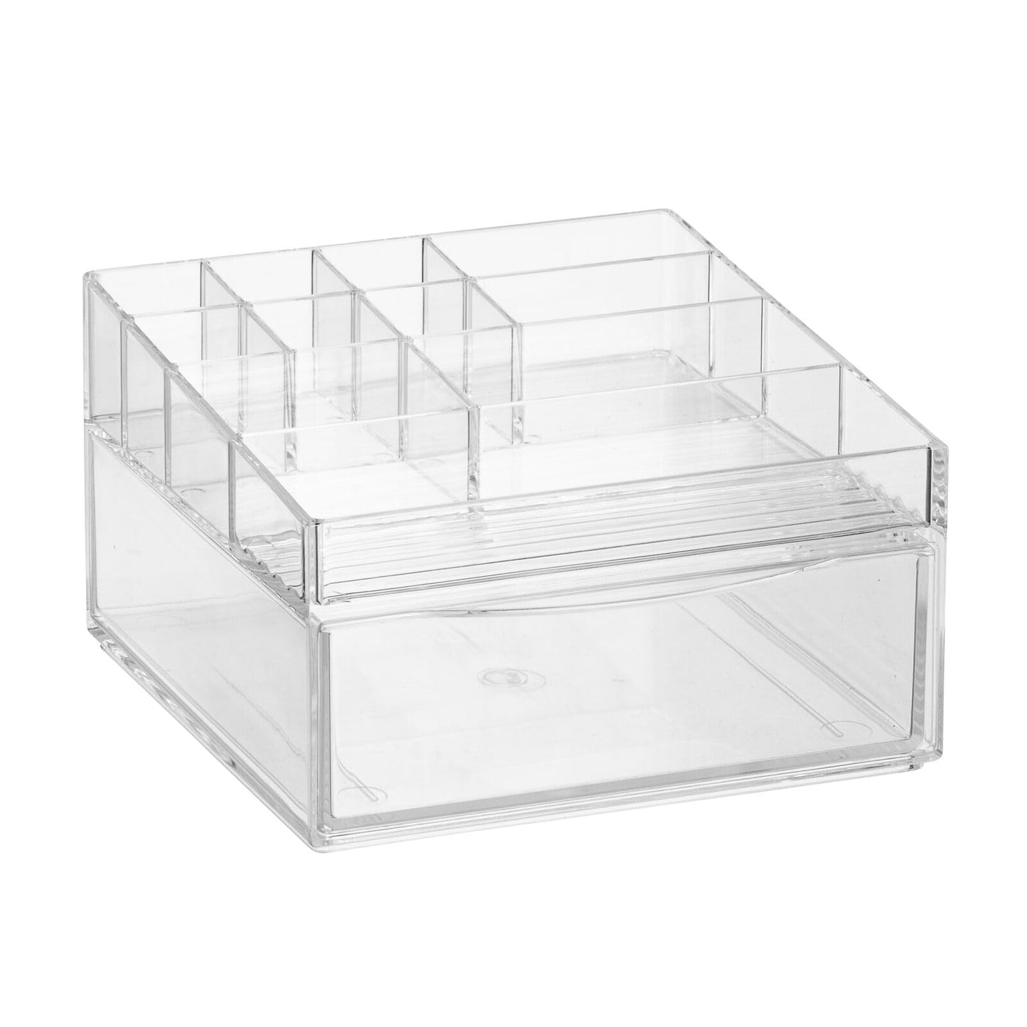 mDesign Plastic Divided Makeup Organizer Holder Bin with Front Drawer for Bathroom Vanity, Countertop Storage - Cosmetic Organization Holds Palettes, Brushes, Accessories - Cadi Collection - Clear