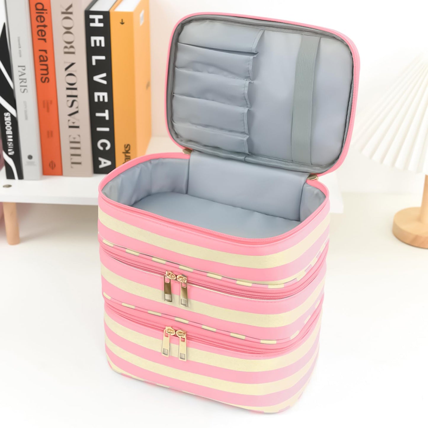 Apxouans Three Layer Makeup Bag for Women Fashion Stripes Cosmetic Bag Preppy Style Travel Water-Resistant Toiletry Bag for Storage Toiletries Cosmetics Sets for Women Teen Girls Pink