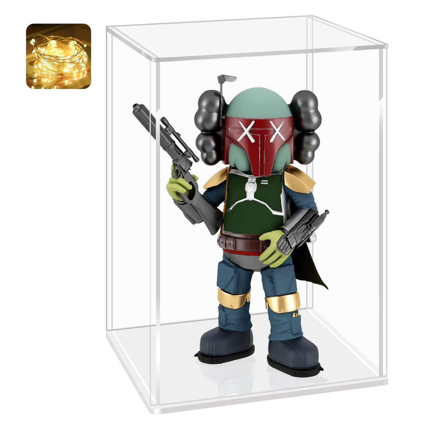 LANSCOERY Acrylic Display Case, 4.7x4.7x7 in, Upgraded Thickened UV-Resistant Showcase, 98% Clarity Dustproof Box with Glossy White Base for Action Figures, LEGO & Models, Scraper & LED Light