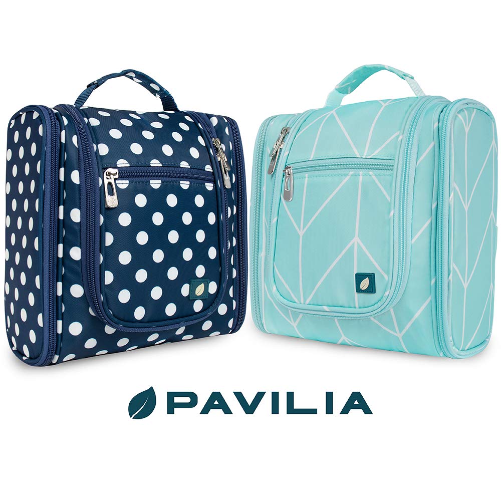PAVILIA Toiletry Bag Travel Bag for Women Men, Hanging Cosmetic Organizer, Water Resistant Makeup Bag for Accessories Toiletries, Large Travel Essentials Kit (Teal Chevron)