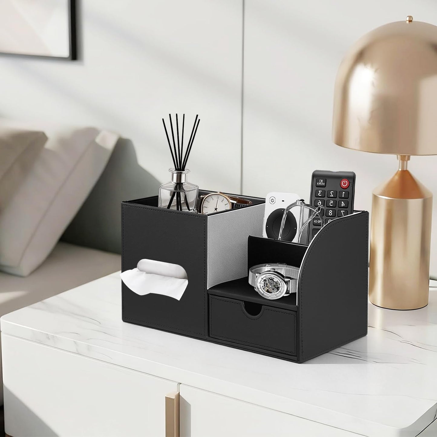 Leather Nightstand Organizer with Tissue Holder,Square Tissue Box Cover with Organizer, Decorative Modern Facial Paper Storage Box for Bathroom Living Room Vanity Table Countertop Office Black