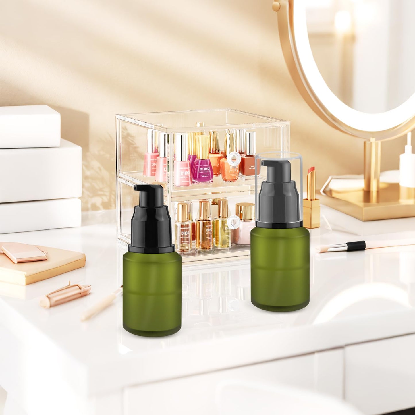 6 Pcs Empty Glass Pump Bottles Refillable Cream Lotion Bottles Travel Sample Bottles Cosmetic Dispenser Bottle Containers For Lotion Cream Emulsion Essence (Green, 30ml/1oz)