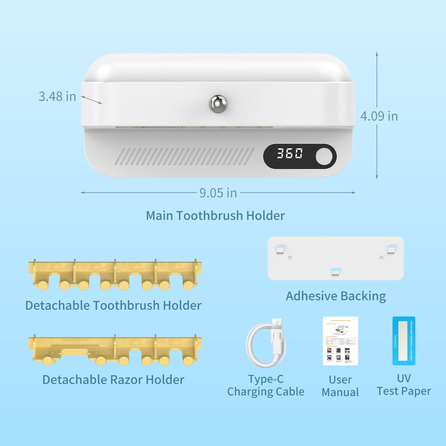 Zyntieu UV Toothbrush Sanitizer and Holder, Wall-Mounted Electric Toothbrush Cleaner with Air Drying & Countdown Timer, Long Battery Life, USB Rechargeable, 4 Slots Bathroom Toothbrush Holders