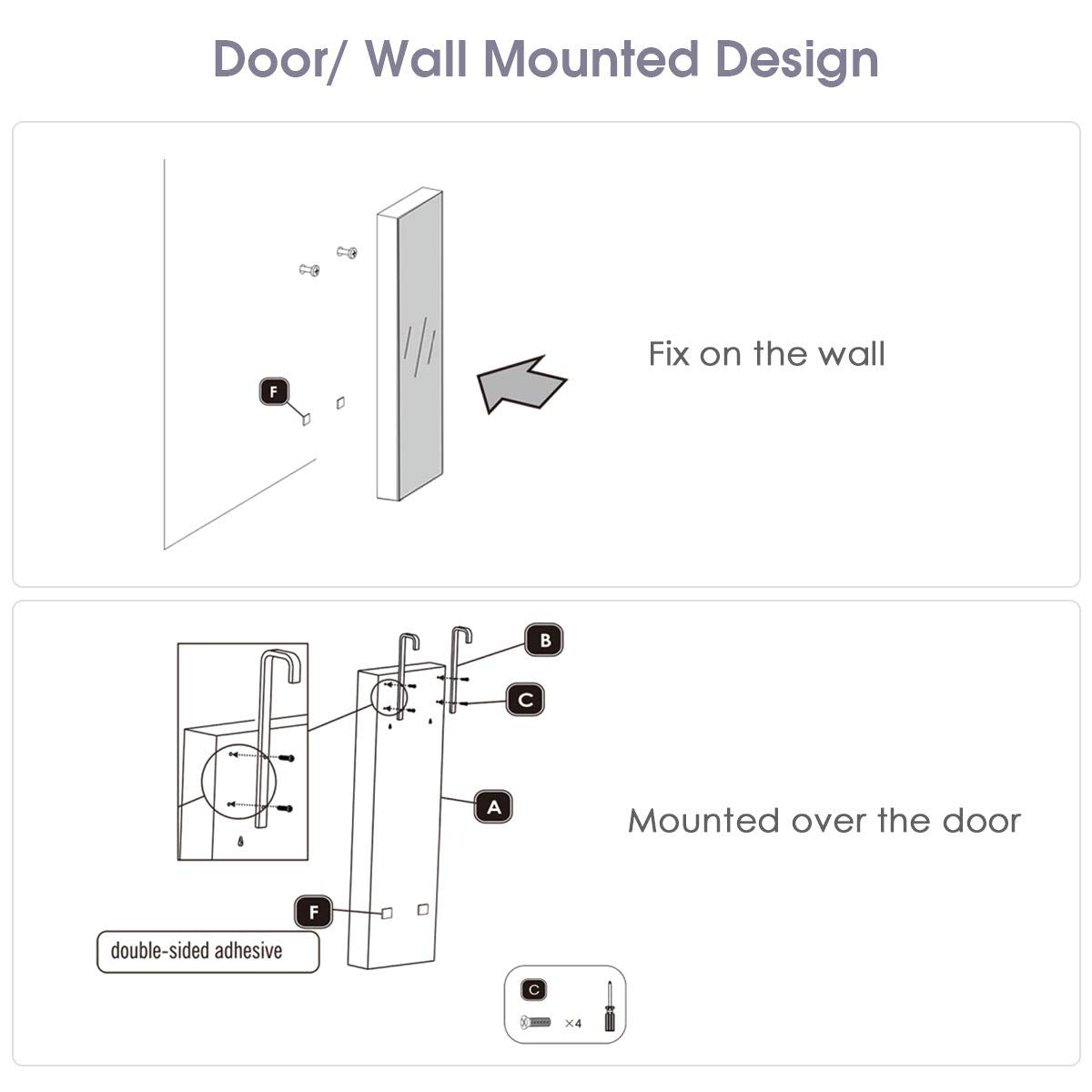 Giantex Wall Door Mounted Jewelry Armoire Cabinet with 47.5" Full Length Mirror, 2 LEDs Lockable Jewelry Organizers and Storage with 2 Drawers, Over the Door Jewelry Organizer Cabinet (White)