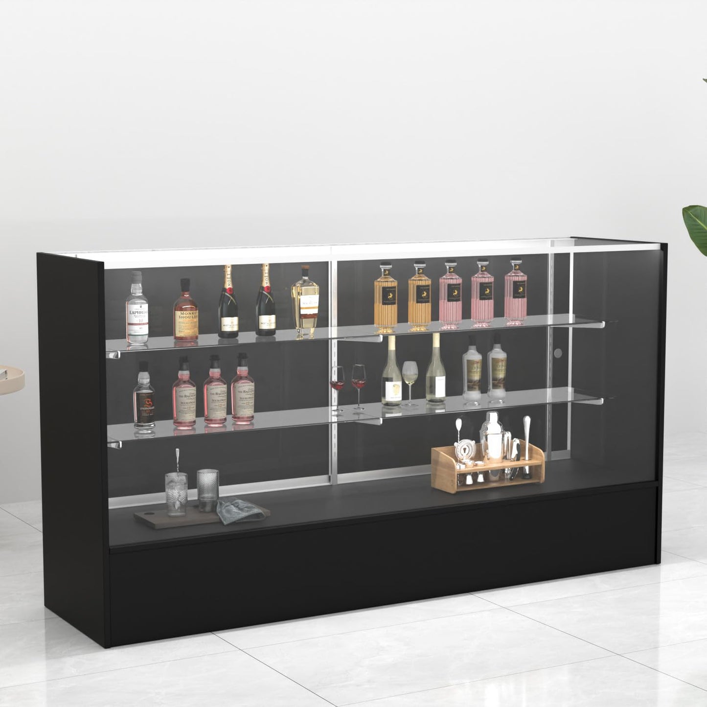 48" W x 38" H x 18" D - Full View Retail Display Cabinet, Black Wooden Frame Glass Display Cabinet with LED Lighting and Adjustable Glass Shelves