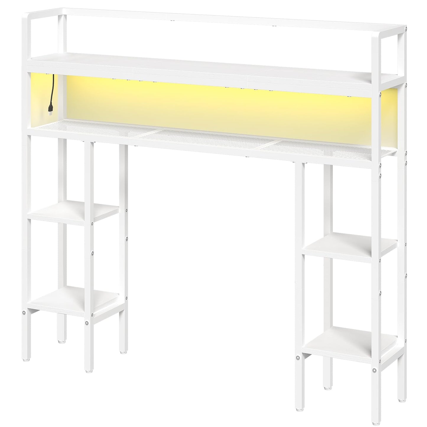 MAHANCRIS Desk Shelf, 43.3" Desk Hutch with Light Strip, Office Desktop Organizer, 5 Tier Desktop Bookshelf for Computer Monitor, Storage Rack for Study, Home Office, White DSWT9801