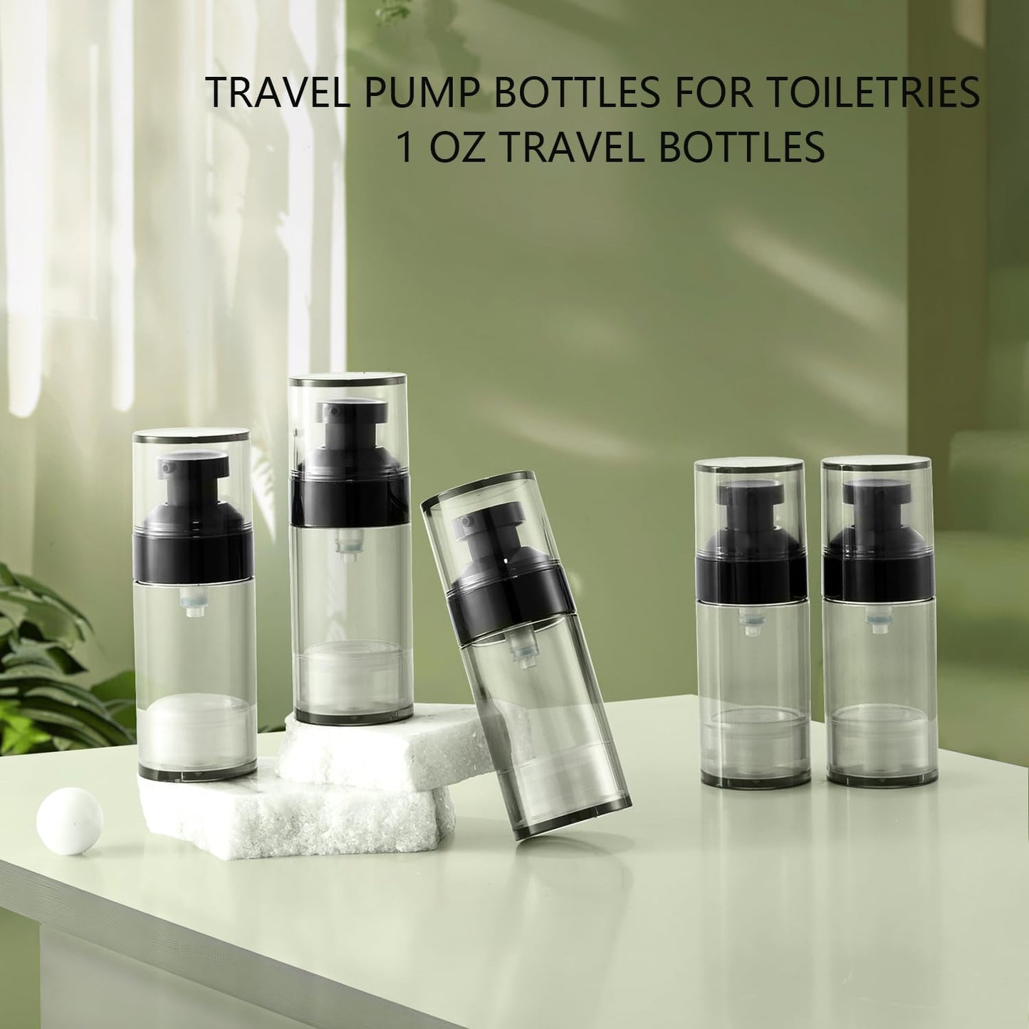 XQNCBY 5 Pack 1oz / 30ml Airless Pump Bottles for Travel: Wide Caliber Vacuum Lotion Dispenser with Clear Organizer Case, Leakproof Refillable Cosmetic Containers for Skincare, Serum, Foundation