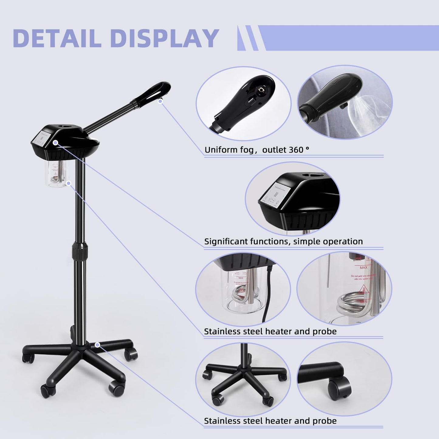 Retain time Rollable Facial Steamer with Powerful Steam Output, Adjustable Height Face Steamer, Professional Skin Hydrating Moisturizing Spa Machine for Home & Beauty Salon Use