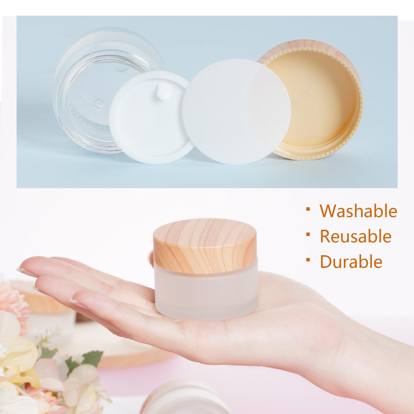 Miayon 6Pcs Glass Lotion Cream Container with Lid Refillable Empty Sample Cosmetic Jar for Makeup Scrub Cream Toiletries Home Travel (50ml)