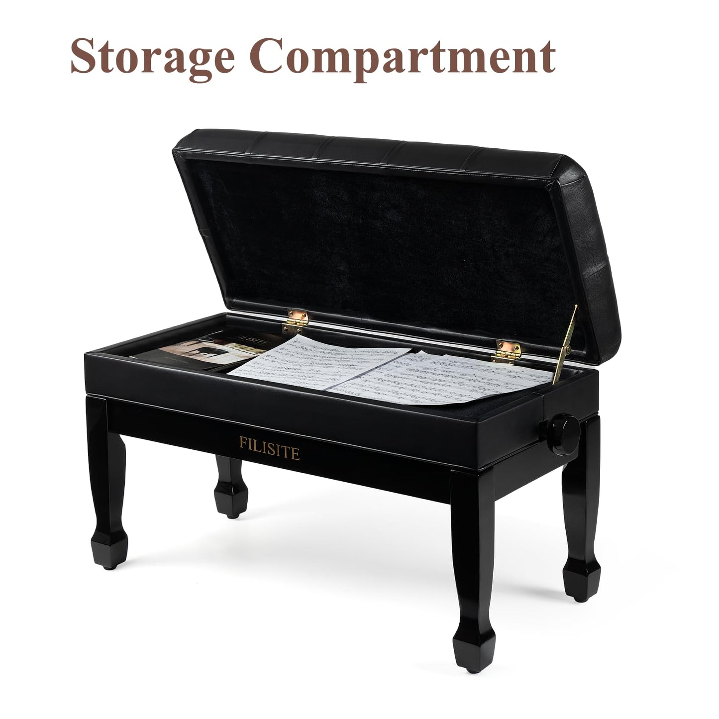 FILISITE Adjustable Duet Piano Bench with Storage, Heavy Duty Solid Wood Double Piano Stool Keyboard Bench Seat with PU Leather Padded Cushion (Black)