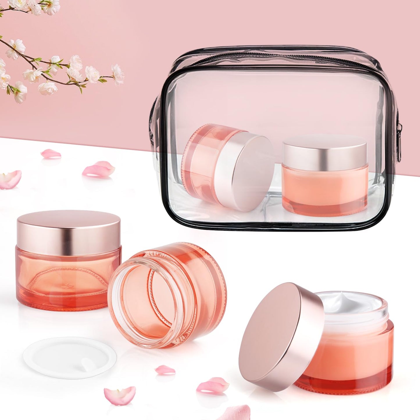 BOSMIOW 8pcs 50g/1.7oz Rose Gold Glass Cream Jars Round Lotion Bottle Refillable Empty Cosmetic Container Pot for Eye Creams,Body Scrub,Facial Mask,Ointments