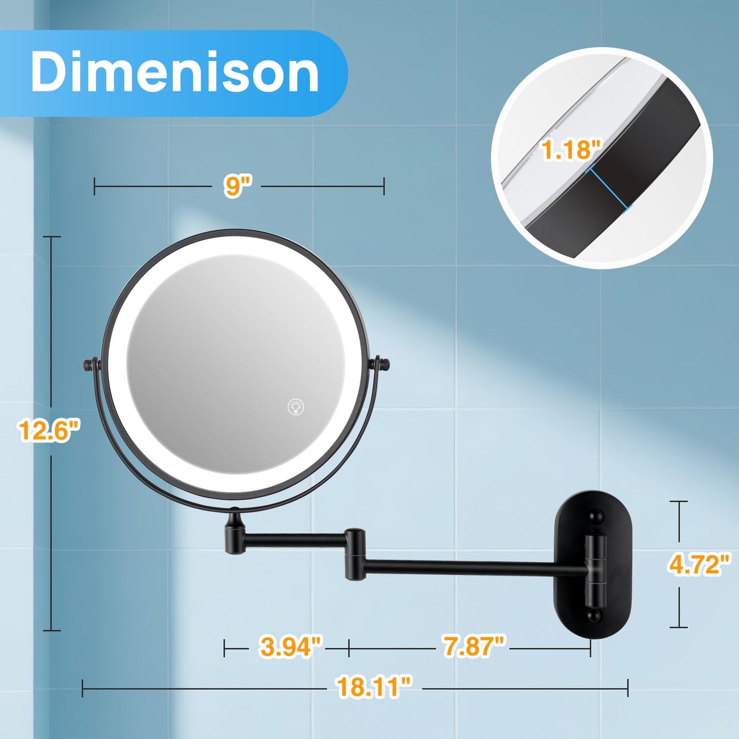 SANFANGIE Magnifying Mirror with Lights 1x/30x: 9" Double Sided Wall Mounted Lighted Makeup Mirror for Bathroom, Black