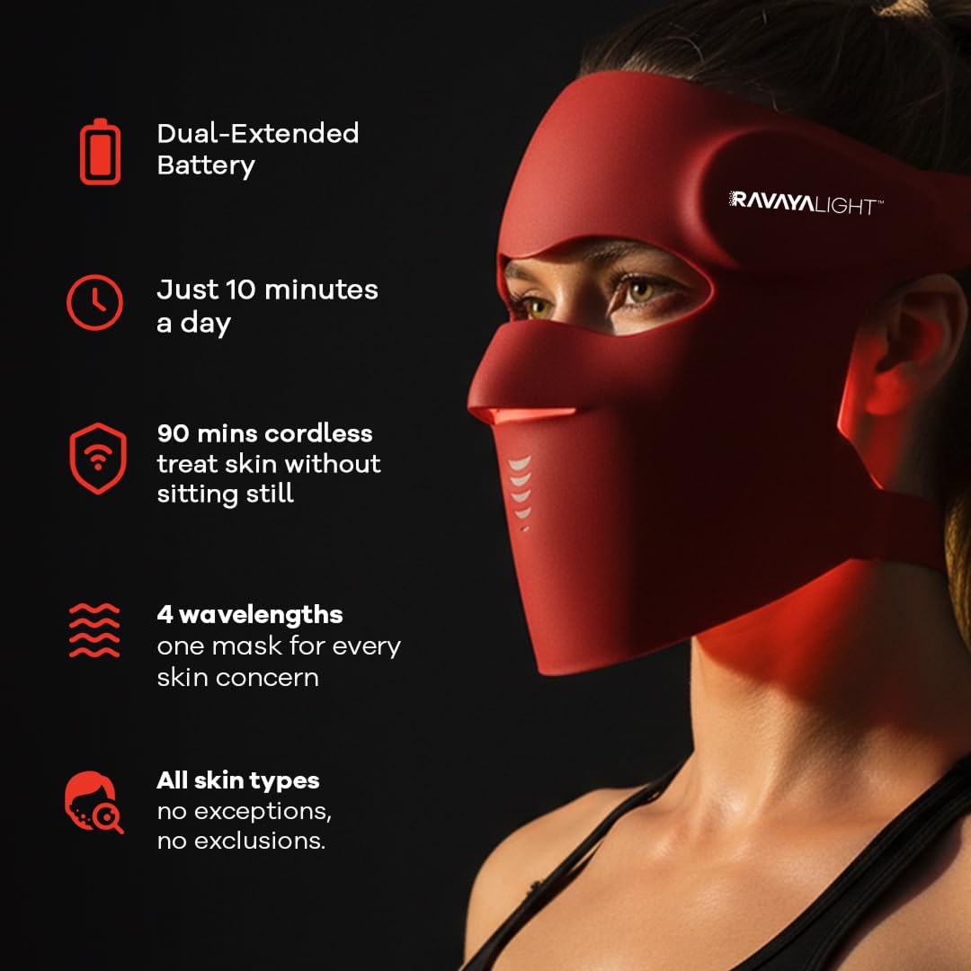 LED Red Light Therapy Face Mask 4 Wavelengths, 280 LEDs,5 Modes,Wireless