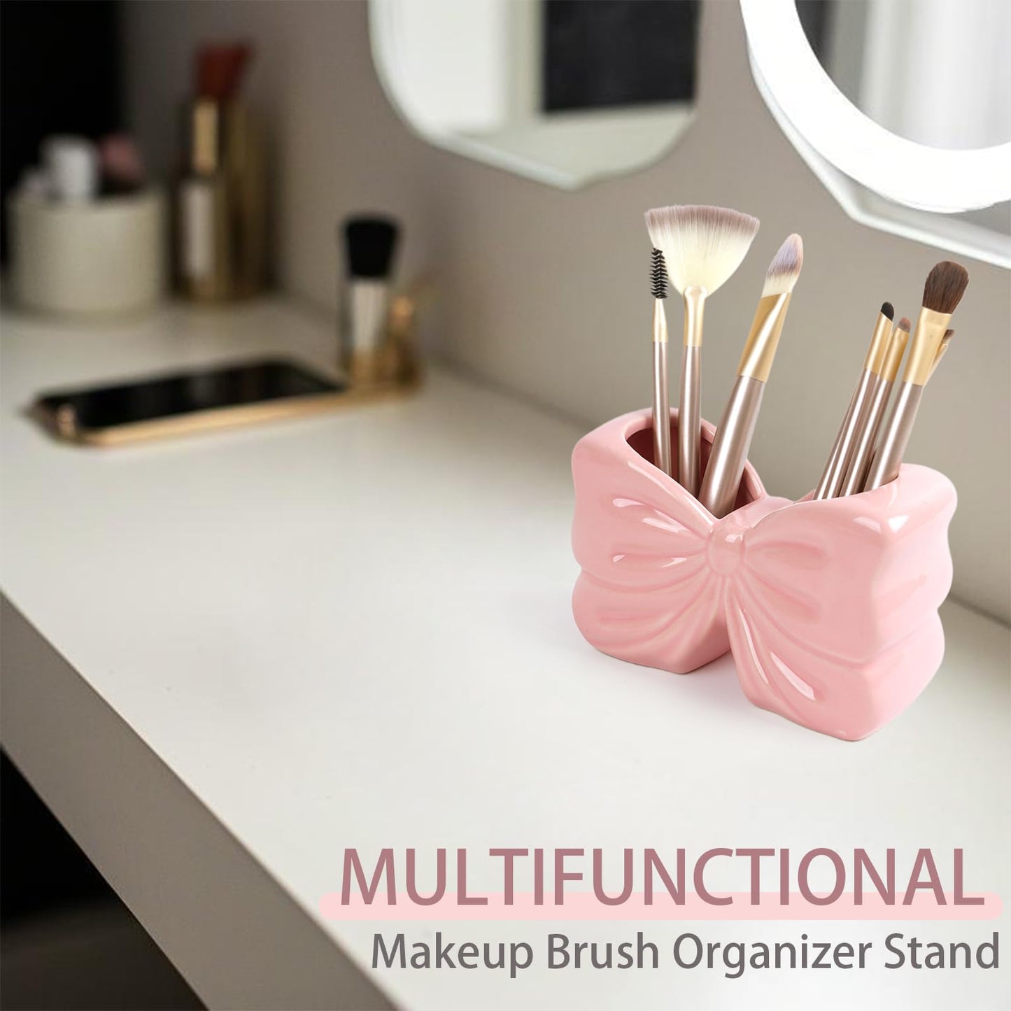Zaposcca Bow Pencil Holder, Ceramic Pen Holder, Cute Pen Holder for Desk,Stand Makeup Brush Holder, for School, Home, Office Desk Decor(Pink)