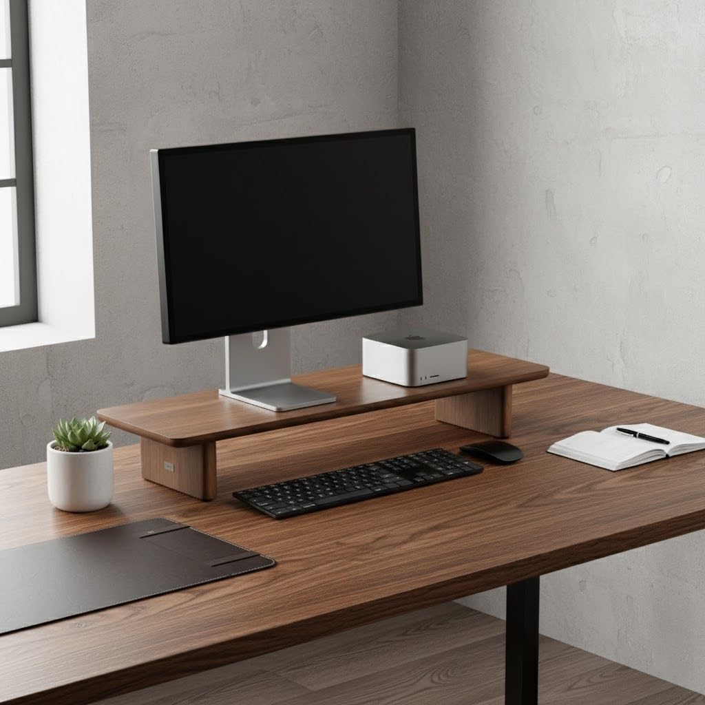 FISUA Minimalist Walnut Single Monitor Stand Riser - 31.5" Modular Desk Organizer for iMac, Laptop & Ultrawide Monitors - Natural Wood Grain