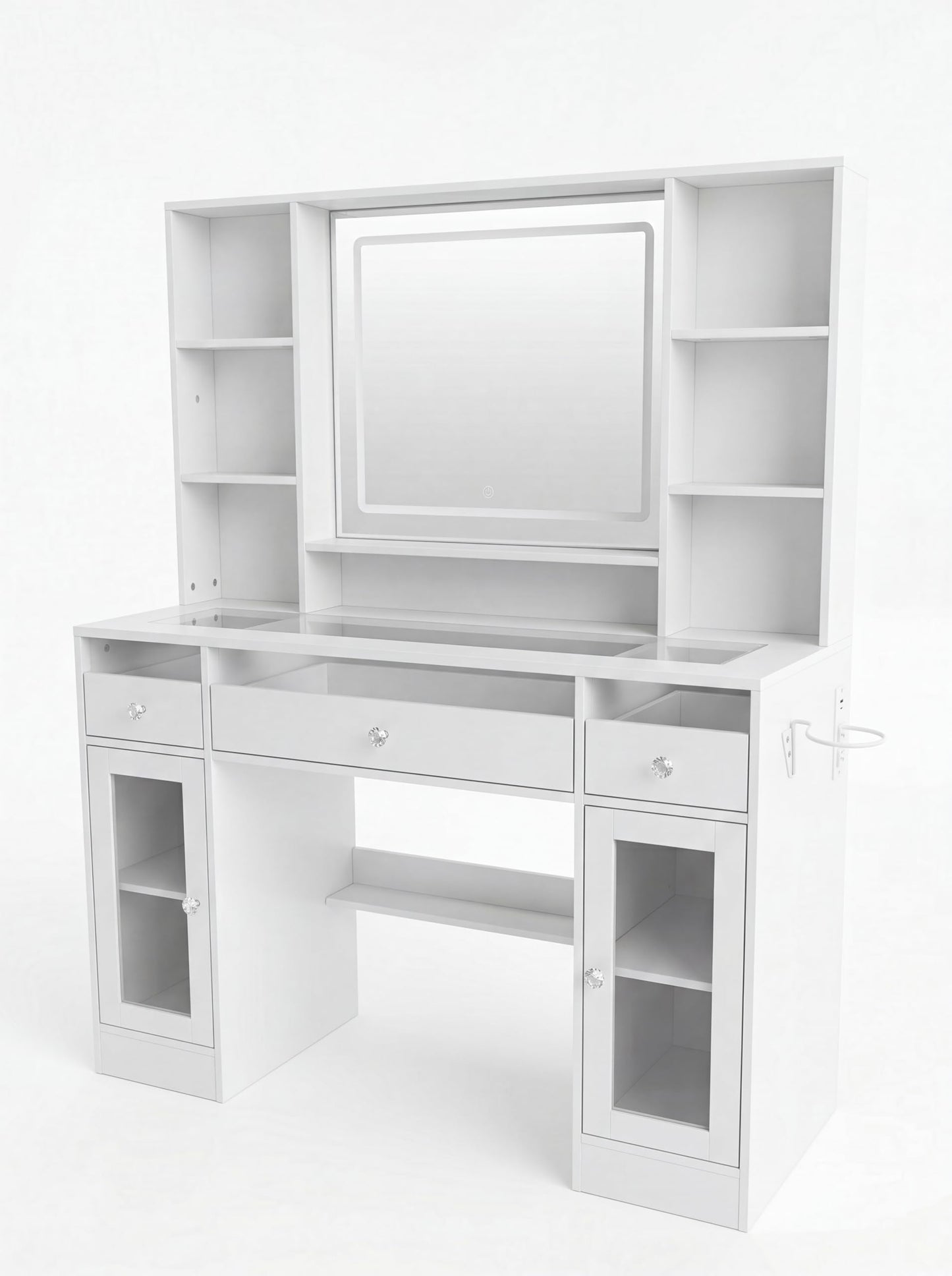 LIVELYGLOW 43.3" White Large Makeup Vanity Desk with Glass Top & RGB Lights