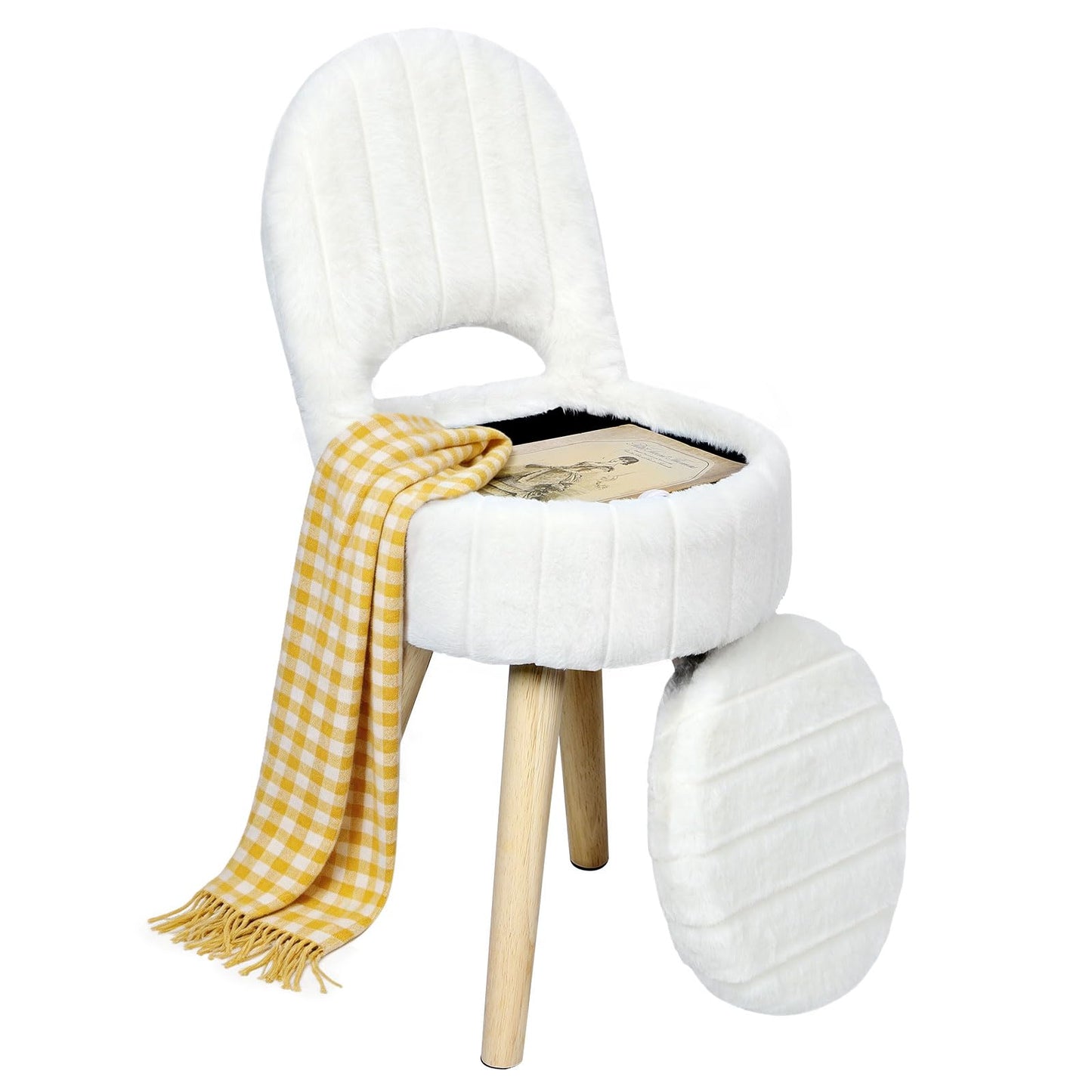 KANEODOT Vanity Stool with Storage & Folding Back,11.8“ D x 12.9” W x 27.9" H Round Faux Fur Cute Vanity Chair with 4 Solid Wood Legs,Comfy Small Makeup Ottoman for Living Room,Bedroom,Closet,White