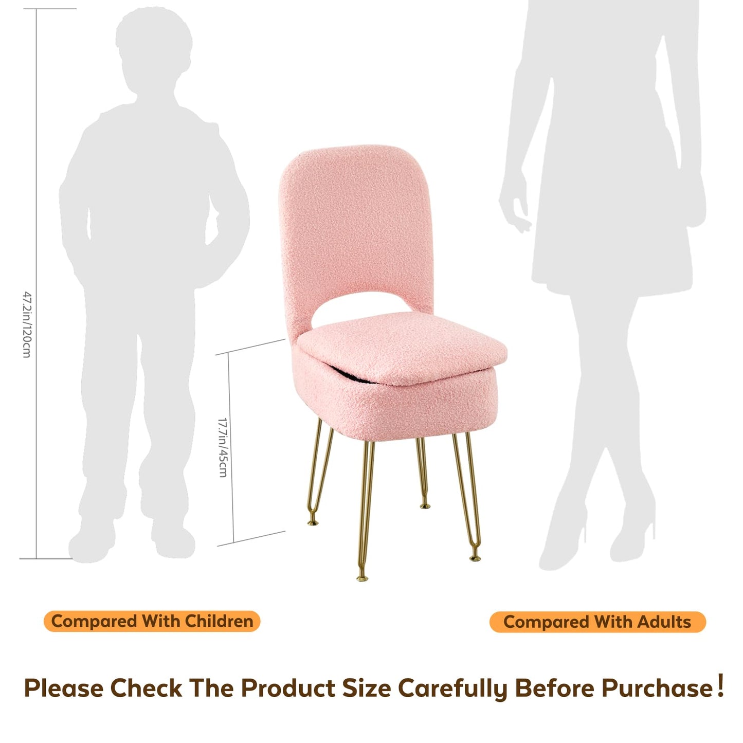 BRIAN & DANY Vanity Chair with Storage and Folding Back, Teddy Velvet Square Storage Chair, Vanity Stool Chair with 4 Metal Legs for Bedroom, Living Room and Makeup Stations, 13.4"x 15"x 30", White