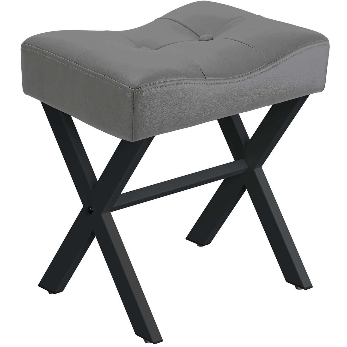 Memobarco 18-Inch Leather Vanity Stool Chair, Vanity Bench with Metal X-Leg, Ottoman Accent Stool with Thick Padded Saddle Seat, Gray