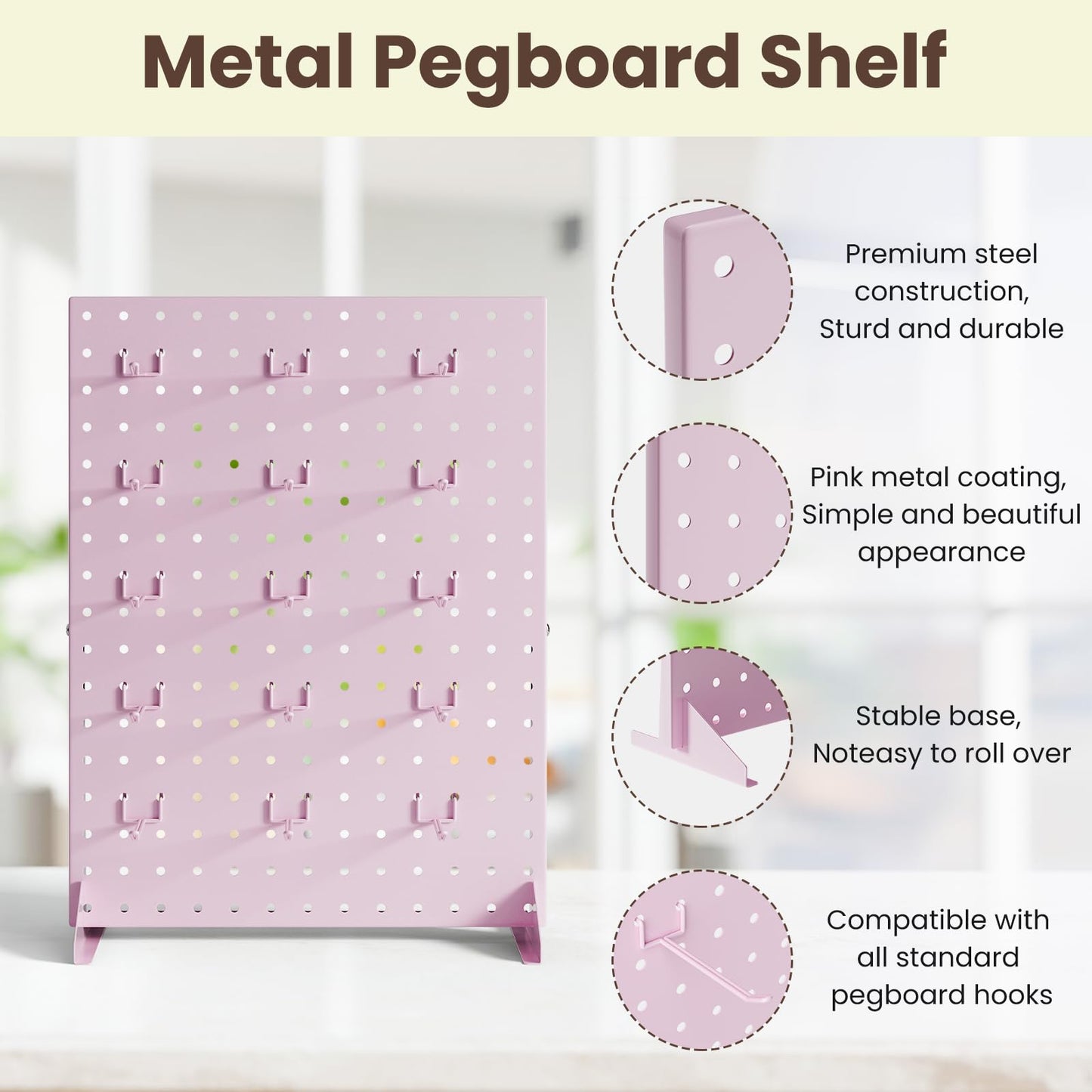 Pegboard Display Stand With 15 Peg Hooks for Retail Craft Shows & Fairs, Pink Metal Merchandise Display Rack for Selling Accessories, Display Stands for Boutique, Stores, Vendors & Events - 17x13Inch