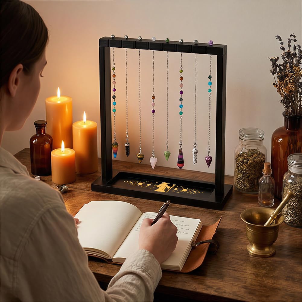 BEUNITONE Witch Design Display Stand, Wooden Crystal & Jewelry Holder Organiser Divination Tools for Stones Necklaces Witchcraft Supplies for Home Decor, Market Stall and Craft Fair Showcase