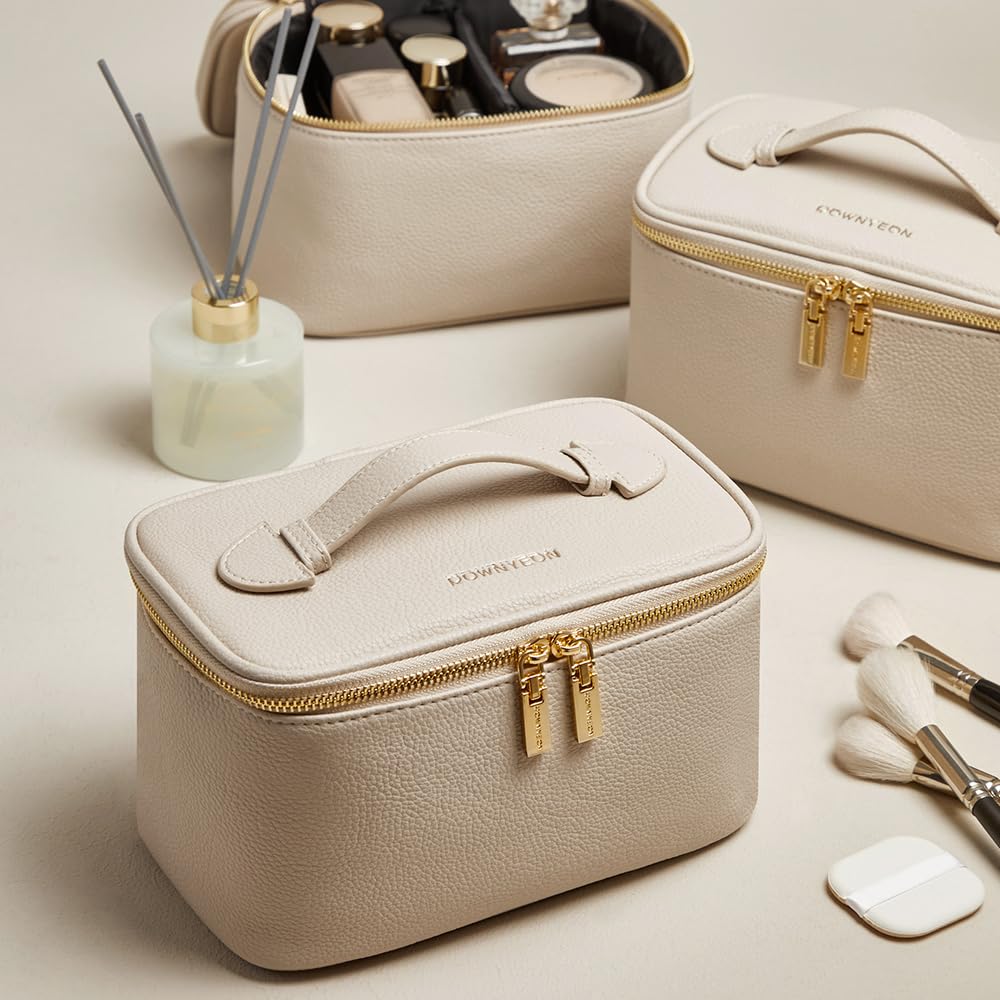 Camdeez Cosmetic Bag,ROWNYEON Makeup Bag,Portable Makeup Train Case,Travel Toiletry Bag Case Organizer for Women,Beige