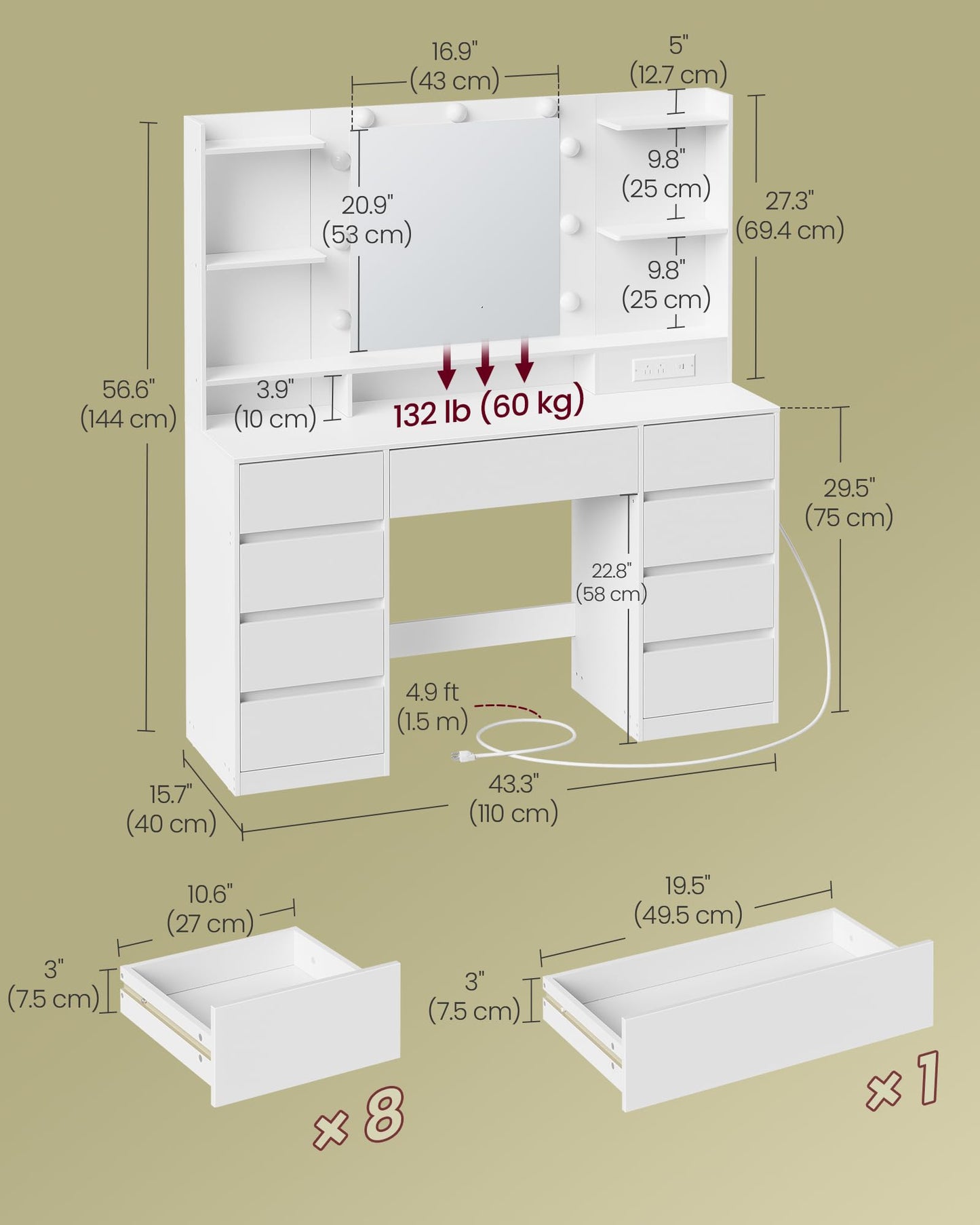 VASAGLE KAILYN Collection - Vanity Desk with Mirror and 9 LED Bulbs, Modern Vanity Makeup Table with Power Outlets, Dressing Table with 9 Drawers, for Bedroom, Cloud White URDT141WB01S