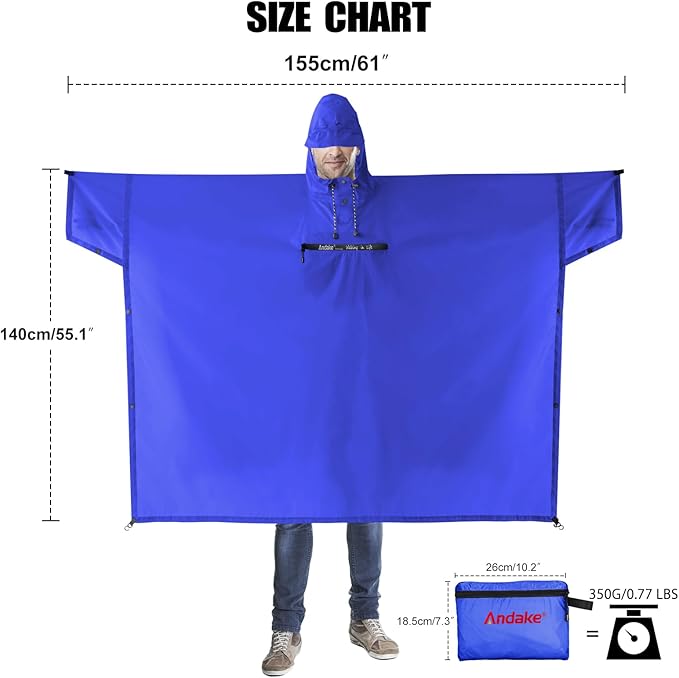 Andake Waterproof Rain Poncho for Adults Unisex,230T Ripstop Polyester,Raincoat Gear with Transparent Viewing Window Outdoors