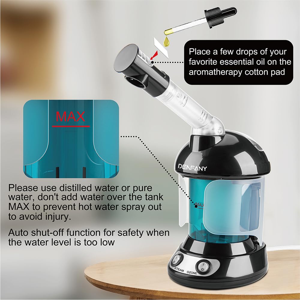 Facial Steamer - DENFANY Nano Ionic Face Steamer with Extendable 360° Rotating Arm - Portable Facial Steamer for Personal Care at Home or Salo (Black)