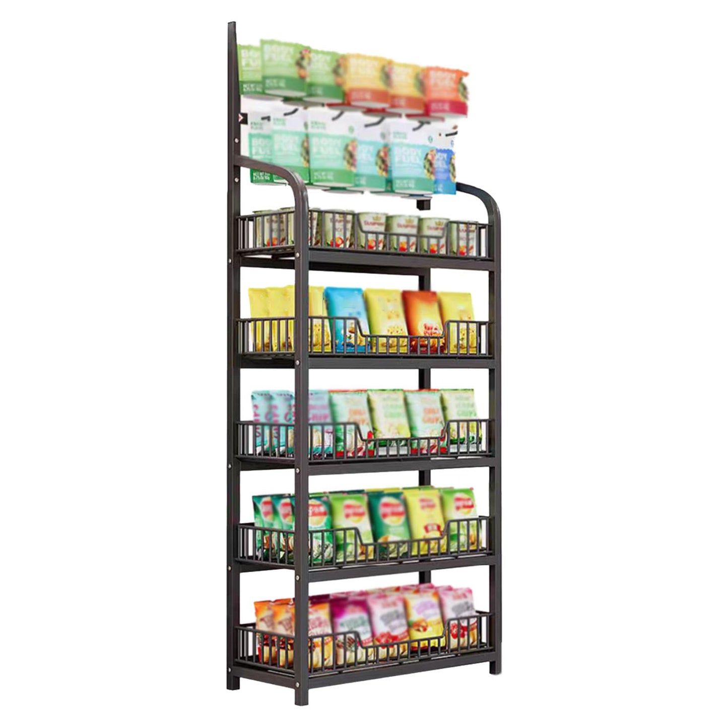 CDDUOLA 5 Tier Retail Display Rack, Snack Organizer Stand With Wheels & Hooks, Candy Potato Chip Metal Wire Display Shelf Cart for Supermarket and Home Kitchen, Black