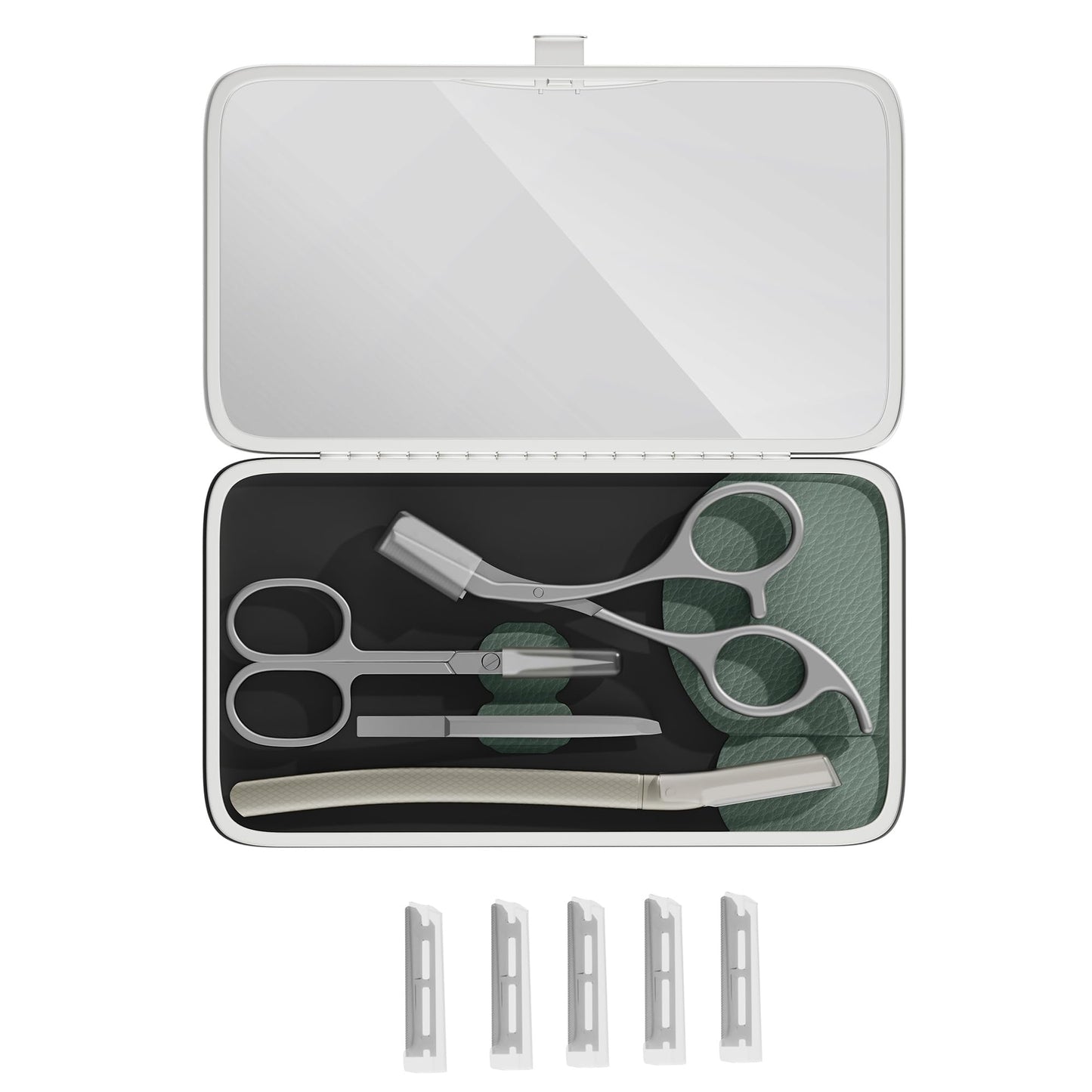 Glamne Eyebrow Trimmer Kit Scissors Tweezers Razor Facial Shaver Grooming Set with Mirror Travel Cases