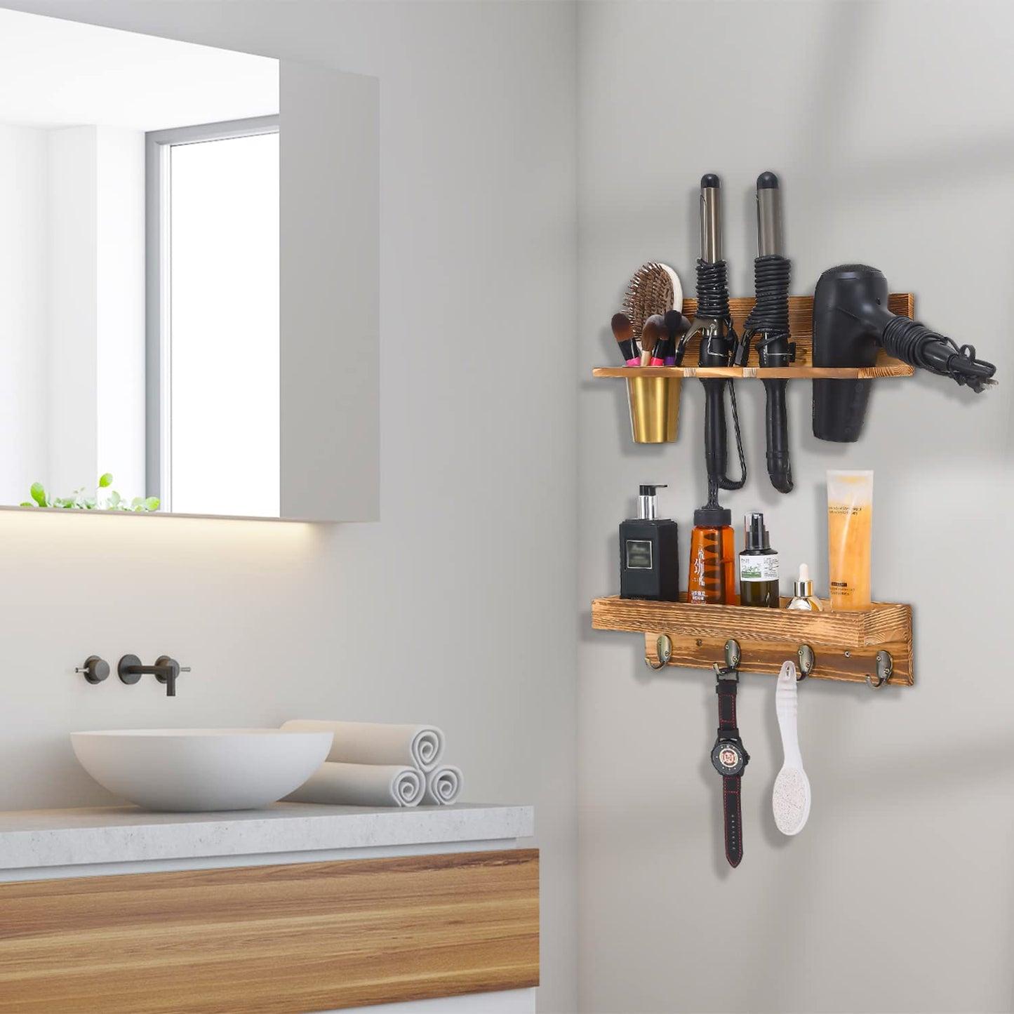 UPTRUST Wall Mount Hair Tool Organizer, Set of 2 Layer Rustic Wooden Dryer Holder Rack, Product Organizer Tray for Dryer with 4 Hooks