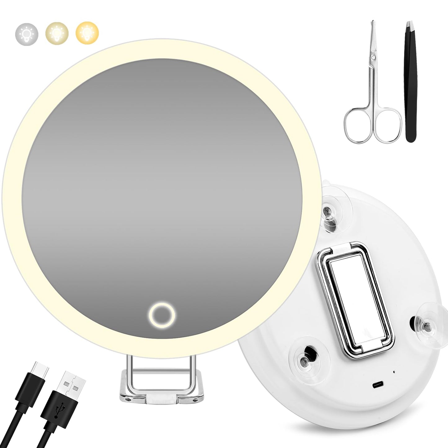 Magnifying Mirror with Light 30X, , Large 6" Rechargeable 3 Colors Modes Dimming Lighted Makeup Mirror with 30X Magnification, LED Travel Magnified Mirror with 3 Suction Cups and 360° Table Stand