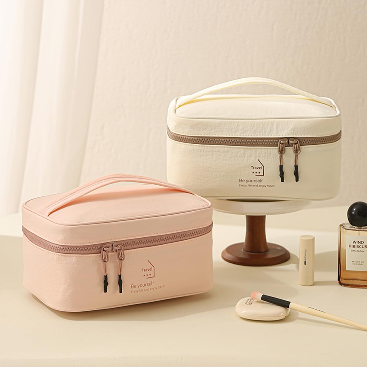 PLOPONOM Makeup Bag Large Capacity Travel Toiletry Bag,Double zipper Cosmetic Bag with Handle,Pink Women's Travel Makeup Organizer,Cute Lightweight Makeup Pouch,Portable Skincare Storage Bag