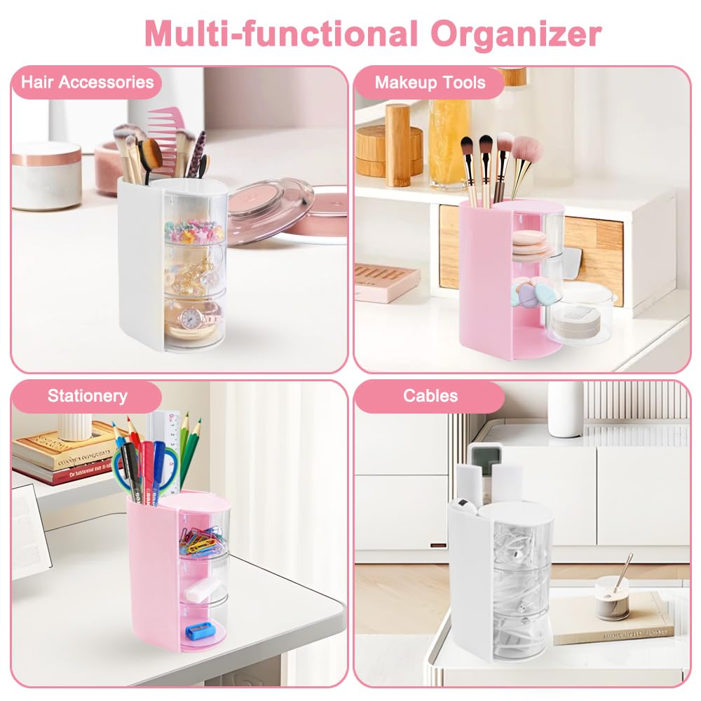 SHAIDOJIO 2Pack Hair Accessories Organizer with Hair Brushes Holder, 3-Tier Rotatable Drawer Makeup Brush Holder Small Jewelry Box with Sticker, Desktop Organizer Case for Girl Clip Earring Necklaces