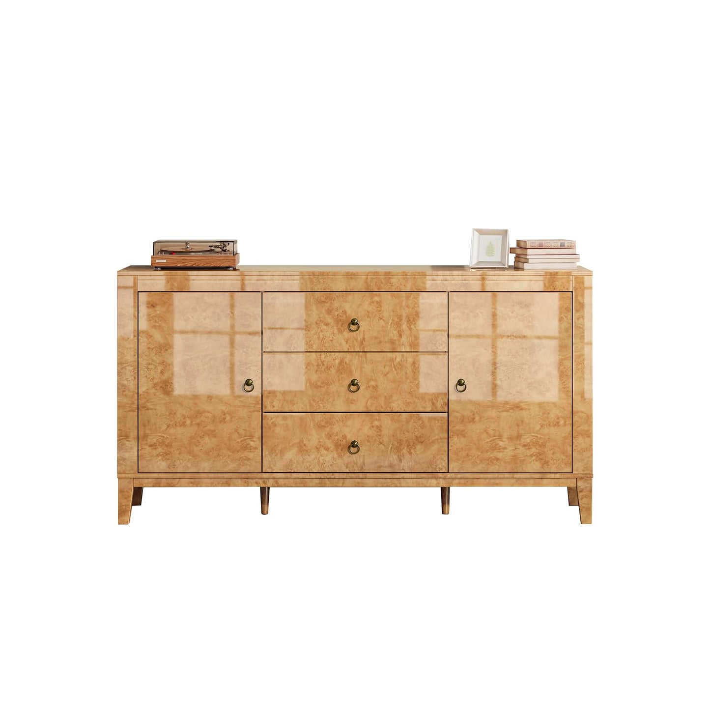 LUXOAK High Gloss Sideboard Buffet Burl Wood 60'' Cabinet Buffet Table with 3 Drawers & 2 Closed Storages, Mid-Century Modern Sideboard for Dining Living Room, Blond Burl