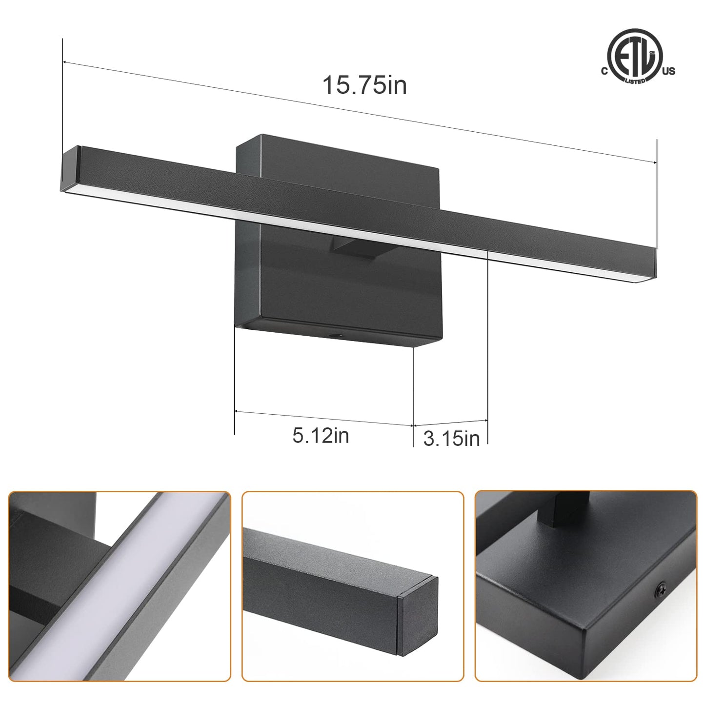 VOLISUN Modern Bathroom Vanity Light 15.7 inch, 12W Dimmable 5CCT Led Bathroom Light Fixture Over Mirror, Black Bar Vanity Light for Bathroom Mirror Cabinets Bedroom-ETL Certificated