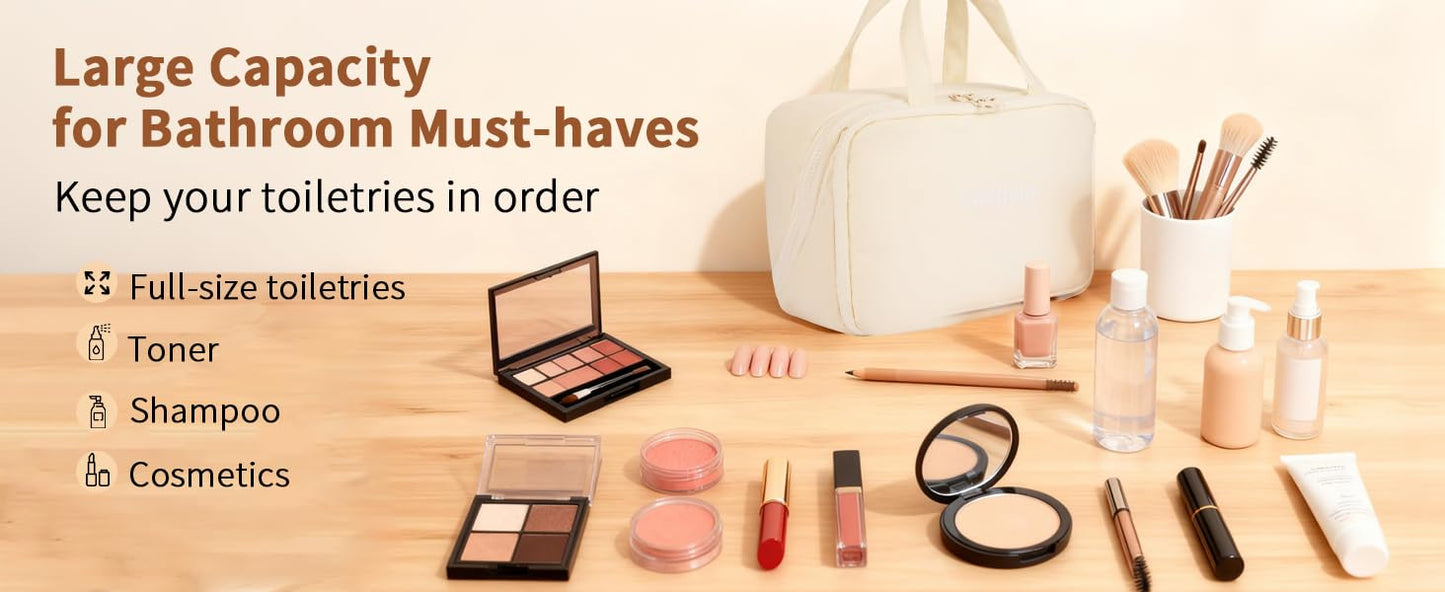 Lovqiao Large Beige Makeup Bag, Waterproof Travel Organizer for Women & Girls
