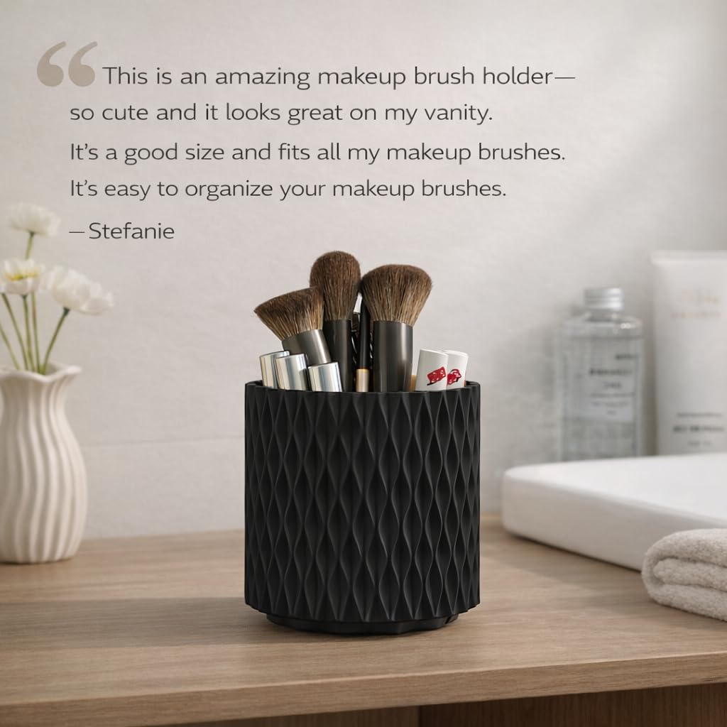Imakmasion Makeup Brush Holder Organizer, 360° Rotating 5-Slot Make up Brushes Cup for Cosmetic, Lipstick, Hair Brush Holder - Spinning Vanity Countertop Caddy for Bathroom, Dorm & Office, Black