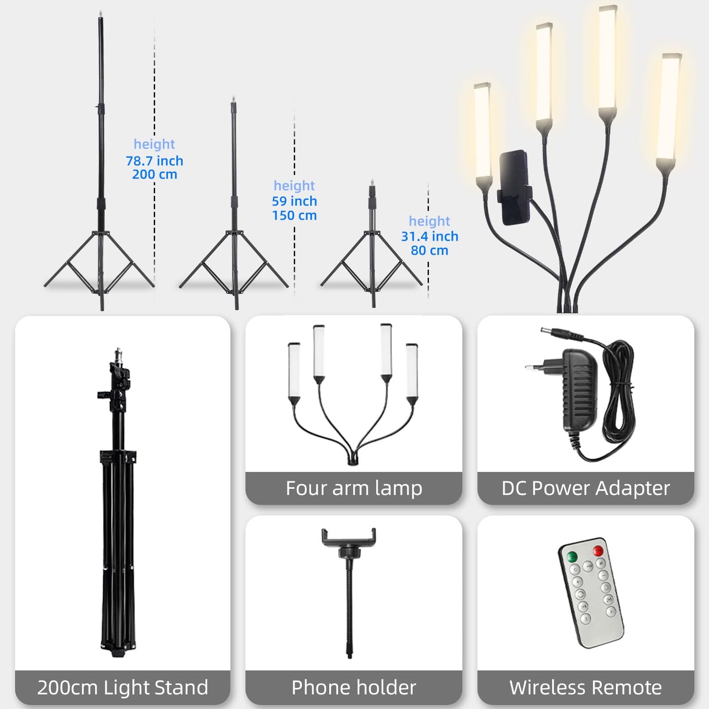 LED Video Light Kit with Four-arms, Studio Light for Video Recording Photography Lighting Kit, Dimmable LED Floor Light for Lash Techs, Estheticians & Tattoo Artists with Tripod Stand&Phone Holder