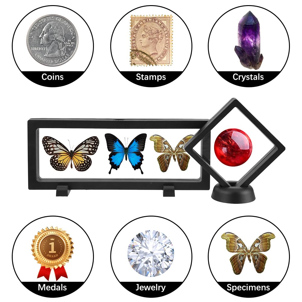 giteo bedding 15PCS 3D Floating Frame Display Case, Black Durable Challenge Coin Holder Stand, Multi-Functional Transparent PE Jewelry Storage Box for Medallions, Coins, Medals, Specimen