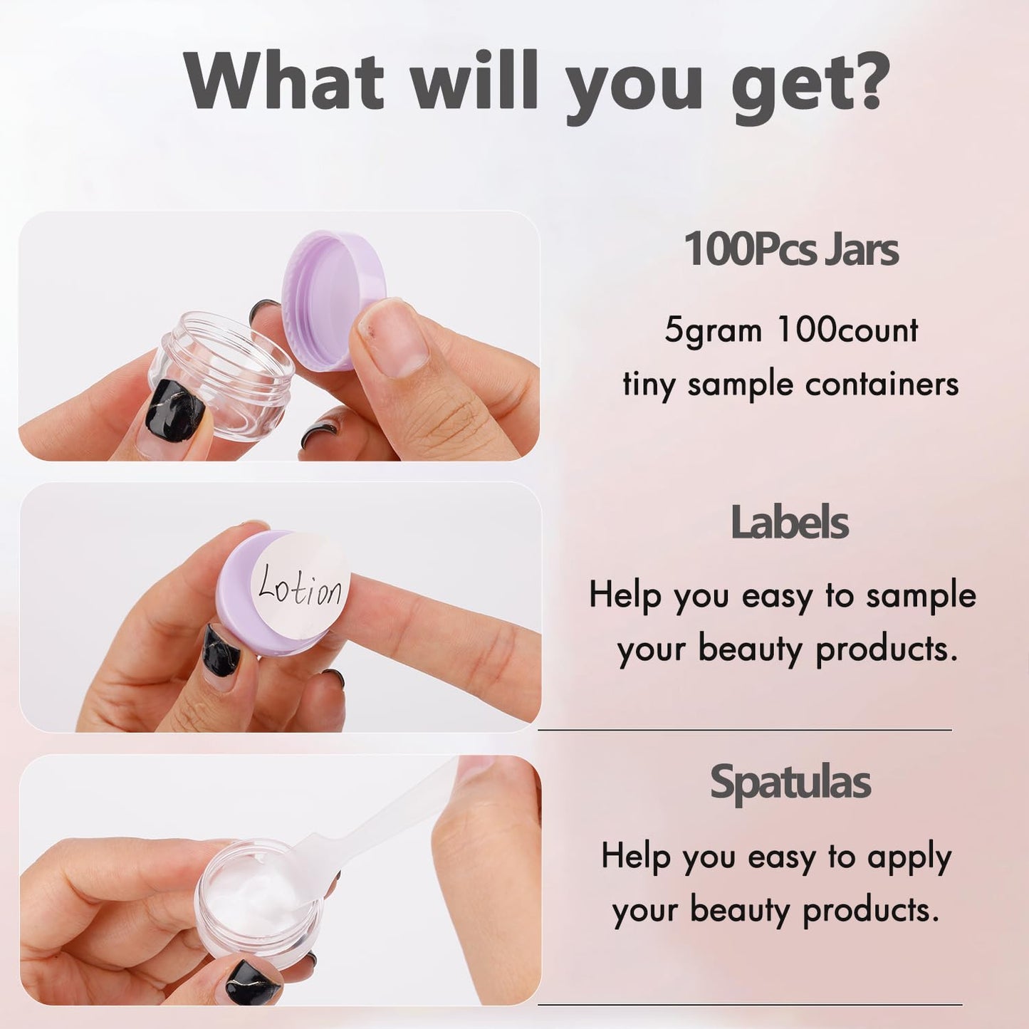 5 Gram Sample Jars with Lids, 100 Count 5ML Empty Cosmetic Containers for Makeup, Travel, Glitter, Lotion, Cream, Beads, with Labels, Mini Spatulas