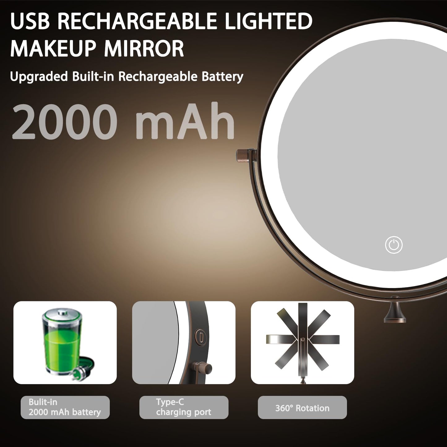MIROAMZ Rechargeable Wall Mounted Lighted Makeup Vanity Mirror 8 Inch Double Sided 1X 10X Magnifying Bathroom Mirror, 3 Color Lighting, Touch Screen Dimming, 360 Rotation Oil Rubbed Bronze