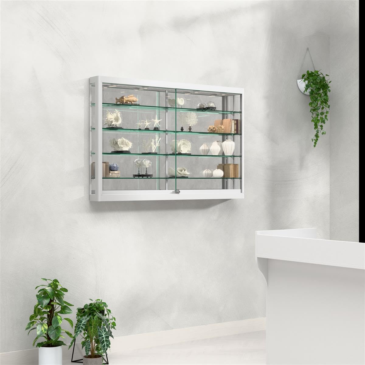 Displays2Go Glass Wall Display Cabinet with LED Lights, 60" Aluminum Retail Showcase with Adjustable Shelves, Wall‑Mounted – Silver (WC606LEDS)