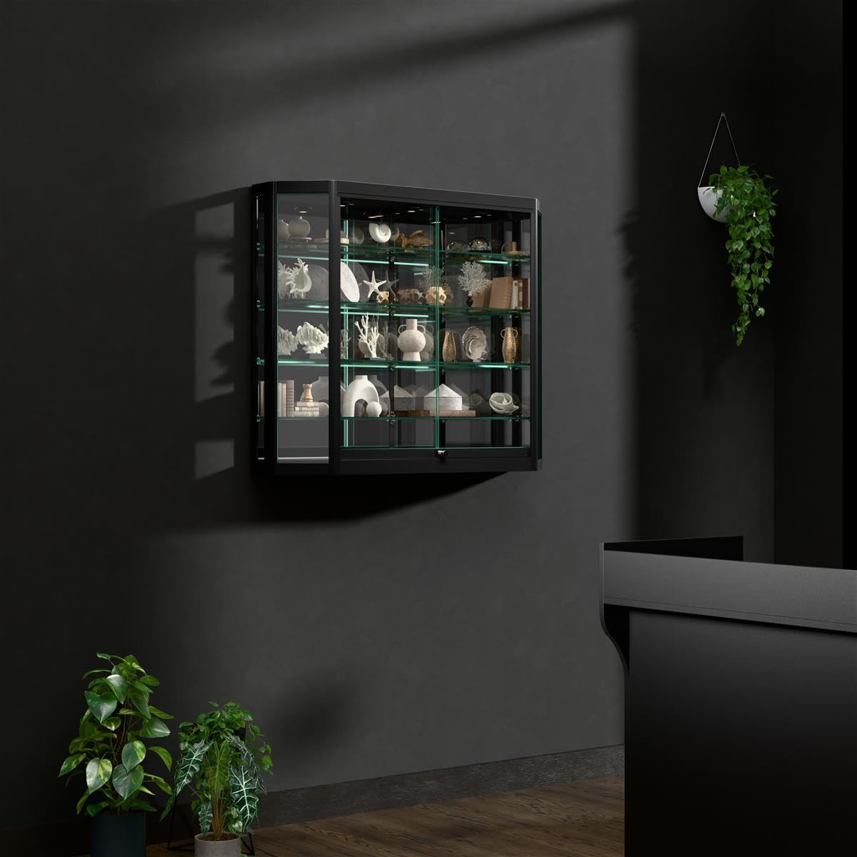 Displays2go Glass Display Cabinet with Tempered Glass Shelves - Hanging Wall Store Case with Aluminum Frame for Retail, Home, Office - Black (WC4712LEDB)
