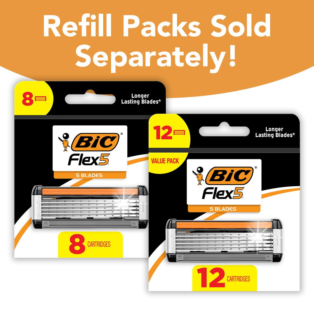 BIC Flex 5 Refillable Razors for Men, Long-Lasting 5 Blade Razors for a Smooth and Comfortable Shave, 1 Handle and 7 Cartridges, 8 Piece Shaving Kit