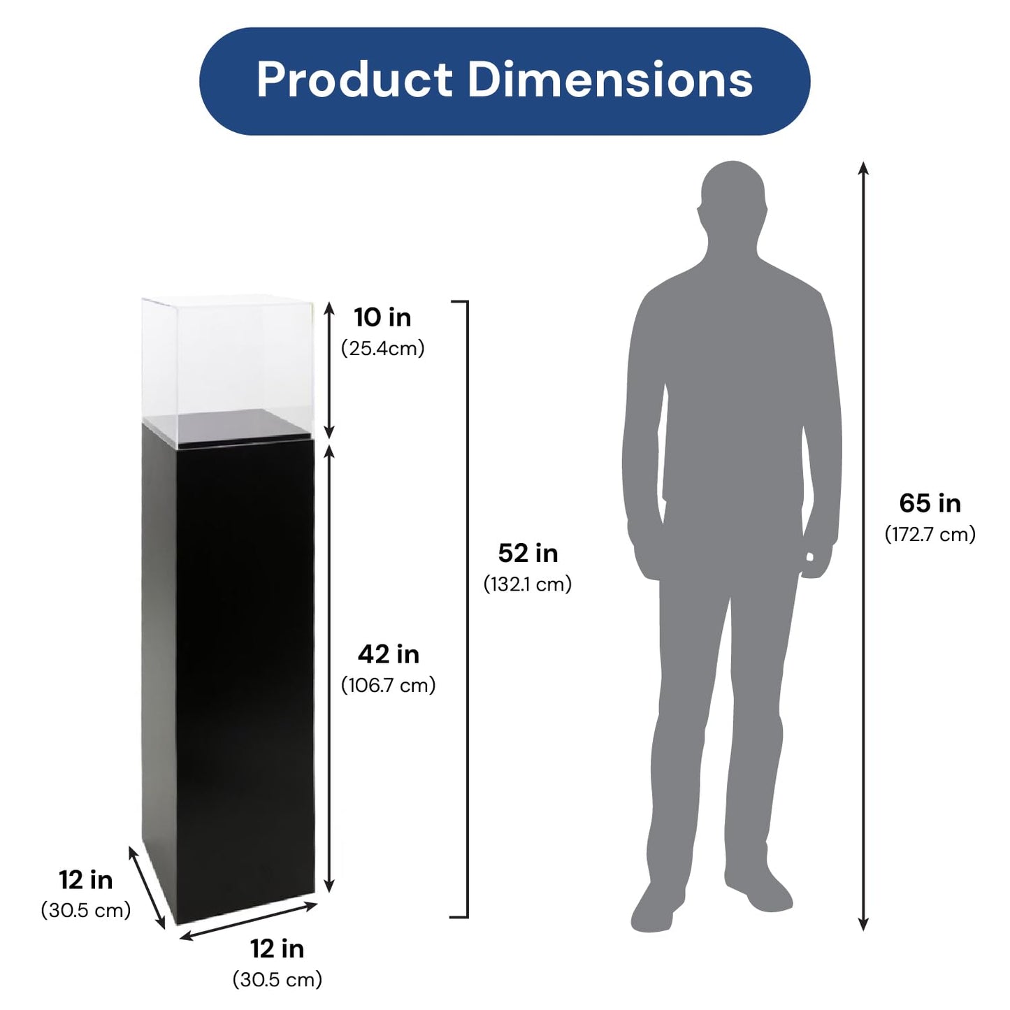 shopPOPdisplays Black Laminate Pedestal Display Case with Clear Acrylic Cover – Floor Standing Display for Retail, Museum, Office & Home - 10" H Acrylic Cover (12" W x 12" L x 42" H)
