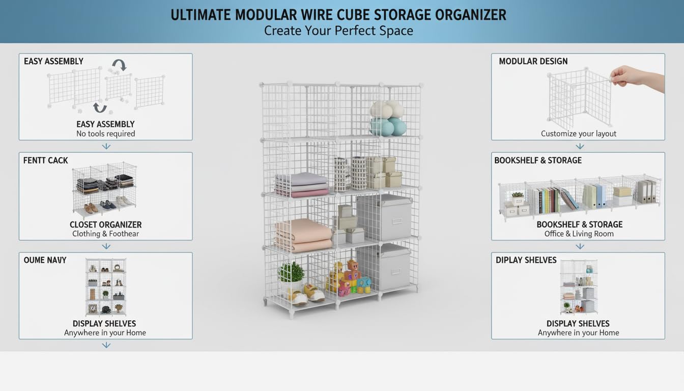ATTDETJL 12-Cube Storage Organizer, Metal Wire Cube Shelving Unit, 11.8" L x 11.8" W x 11.8" H, Modular Grid Bookshelf for Closet, Bedroom, Office, White ATTJL12W