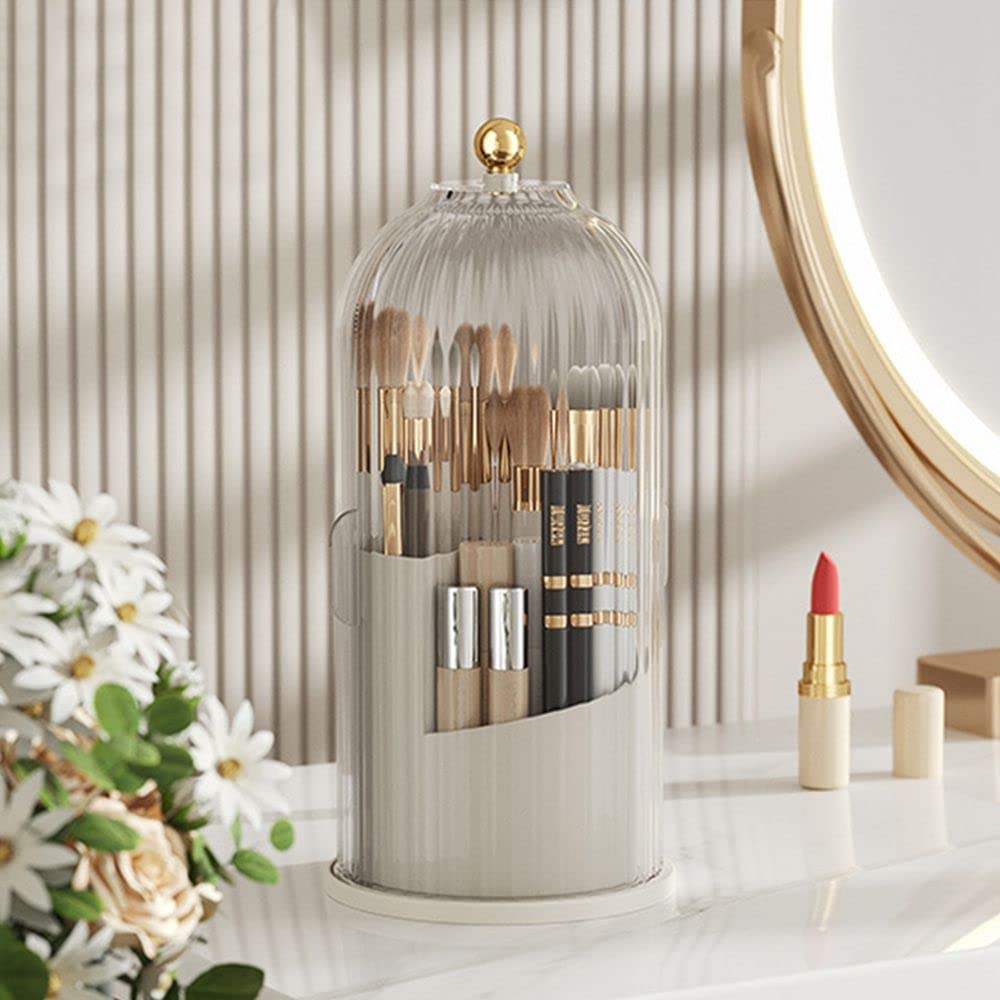 LZYLL Makeup Brush Holder Organizer with Lid-360° Rotating Luxury Cosmetic Organizer Makeup Organizer Lipstick Eyebrow Pencil Holder for Vanity Desktop Bathroom Countertop