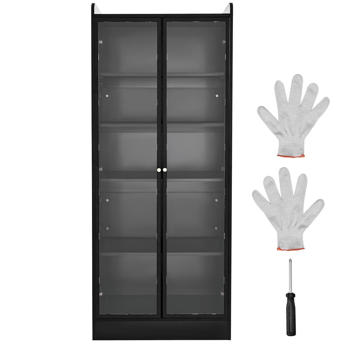 VEVOR Display Cabinet with Doors, 67in Tall Display Case with 2 Adjustable Shelves, 3 LED Lights, 5-Tier Curio Collectibles Storage Cabinet, Bookshelf Bookcase for Pantry Bedroom Living Room Office